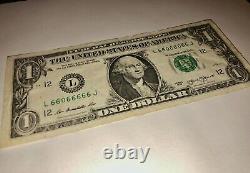 Fancy Serial Number $1 Dollar Bill 66066666 Rare Currency