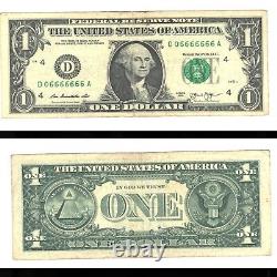 Fancy Serial Number One Dollar Bill 06666666 Binary 2013 D Series Devil Note 1$