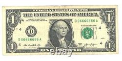 Fancy Serial Number One Dollar Bill 06666666 Binary 2013 D Series Devil Note 1$