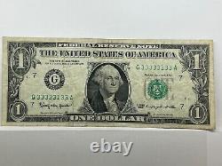Fancy Serial Number One Dollar Bill Series 1963 Seven of a Kind 3s Near Solid