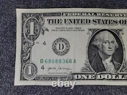 Fancy Serial Number Trinary Note with Bookends! $1 One Dollar Bill