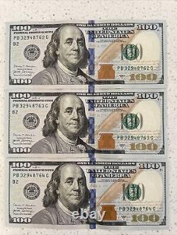 Lot of 3 100 DOLLAR Bills One Hundred Notes 2017A Consecutive Serial Numbers