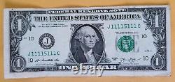 MISCUT NEAR Solid $1 Dollar 2013 FANCY SERIAL NUMBER SUPER RARE J 11115111 C