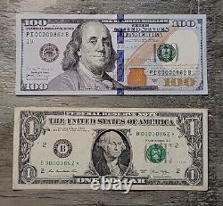 Matching-3-DIGIT-LOW SERIAL- 2013B $1 star note & 2017 $100 Federal Reserve Note