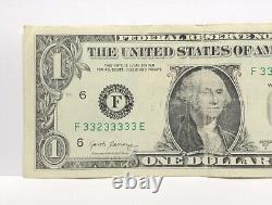 Near Solid 3s Fancy Serial Number One Dollar Bill F33233333E Seven 3s Trailing 3