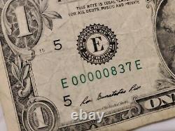 One Dollar Bill Low Serial Number 2013 E 00000837 E Fast Shipping