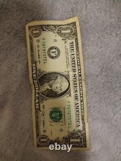 One Dollar Bill, Matching Fancy Serial Numbers Binary 78787575 Year 2009
