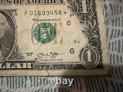 One Dollar Bill Series 2013 F Block Atlanta Star Note F 01603458
