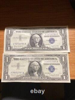 One Dollar Bill Silver Certificate Blue Seal Series 1957B Two crisp bills