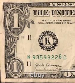 One Dollar Federal Reserve $1 Note ODOMETER Serial Num Gas Pump & Misalignment