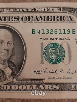 One Hundred Dollar Bill $100 New York, NY Series 1988 B41326119B