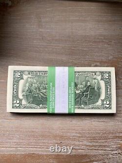 One Pack 100 UNCirculated Two Dollar Bills. ($200) in Federal Reserve Strap NEW