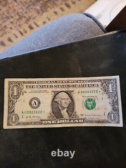 One dollar star note lowithrare serial number A00003622