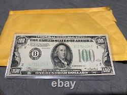Rare 1934 $100 One Hundred Dollar Federal Reserve Note Light Green Seal Bill