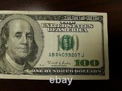 Series 1996 US One Hundred Dollar Bill $100 New York AB 04099207 J