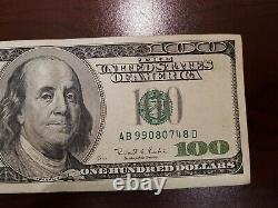 Series 1996 US One Hundred Dollar Bill $100 New York AB 99080748 D