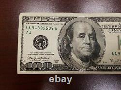 Series 1996 US One Hundred Dollar Bill Note $100 Boston AA 94839507 A