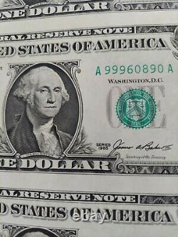 Sheet of 32 Uncut US One Dollar Bills $1 Series 1985 Currency Last One