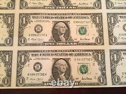Sheet of 32 Uncut US One Dollar Bills $1 Series 2001 Currency (#3)