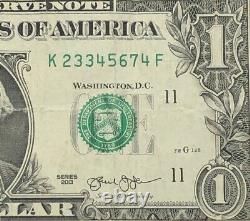 Six Digit Ladder Fancy Serial Number One Dollar Bill K23345674F FW Print