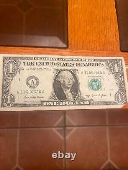 Six Of A Kind 1s Fancy Serial Number Dollar Bill (RARE TRINARY)