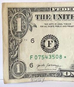 Solid Star Note Error Fancy Serial Number One Dollar Bill Star Note F07543508