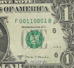 True Binary Fancy Serial Number One Dollar Bill F00110001B 1s 0s Low Sum of 3