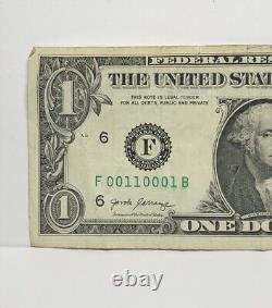 True Binary Fancy Serial Number One Dollar Bill F00110001B 1s 0s Low Sum of 3