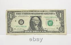 True Binary Fancy Serial Number One Dollar Bill F00110001B 1s 0s Low Sum of 3