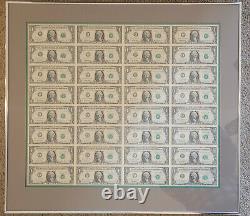 US Treasury Notes Uncut Sheet 32 $1 One Dollar Bills 1993 Professionally Framed