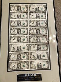 Uncut sheet (16) $1 one dollar bills -1981 framed- currency notes Treasury Rare
