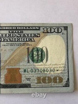 100 $ Bill Star Note Cent Dollars Américains Série 2013 # Ml03708030 Fiat