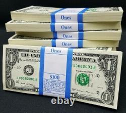 100 Nouveaux Billets D'un Dollar J B Série $1 Notes Kansas City Réserve Faible #00082001