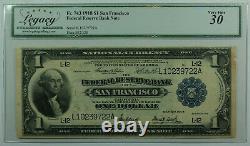 1918 1 Dollar $ San Francisco Monnaie Nationale Note De La Banque Fr 743 Legacy Vf-30