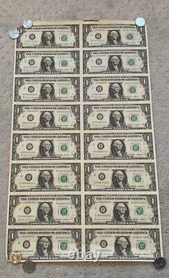 1985 16 FACTURES $1 Feuille de billets d'un dollar! Billets de 1 dollar connectés