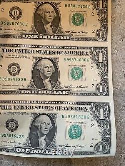 1985 16 FACTURES $1 Feuille de billets d'un dollar! Billets de 1 dollar connectés