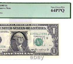 1985 Billet de 1 dollar de la Réserve fédérale avec numéro de série binaire radar PCGS 64PPQ