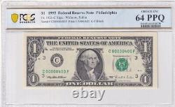 1995 1 $ Un dollar Fantaisie 1 chiffre Numéro de série bas 00000400 PCGS 64 PPQ