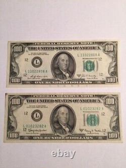 (1) 1963a Et (1) 1969a 100 Cent Dollars Bills Réserve Fed Notes Vieux Style