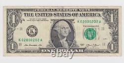 $1 Binaire Numéro Sérial Rare Bille En Dollars 02000202 Fancy One Money Note Collect