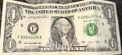 1 $ Un Dollar Bill 2013 Série 69543234 Course En Arrière De 3 & 4 / 5 Consécutive #
