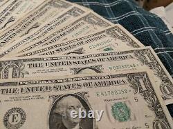1 $ Washington One Dollar Star Note Lot De 91 Bills. Notes De La Réserve Fédérale