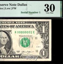 2013 Billet de la Réserve fédérale de 1 dollar Dallas PMG 30 numéro de série fou rare 00000001