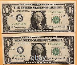 2 Billets de 1 dollar de 1963 consécutifs Erreur de décalage de coupe mal alignée Offset Collectionneur