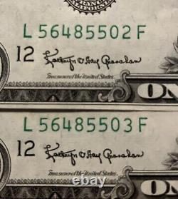 2 Billets de 1 dollar de 1963 consécutifs Erreur de décalage de coupe mal alignée Offset Collectionneur
