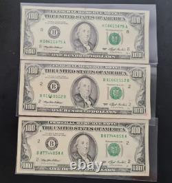 3pcs 1993 $100 Us Un Cent Dollar Franklin Bill