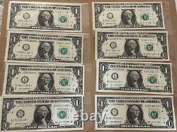 (8) 2021 Billets de un dollar Sequential One Dollar Bill non circulés $1 États-Unis Réserve Fédérale Star Notes