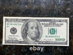 A $100 Série De Billets D'une Centaine De Dollars 1999 Faible Numéro De Série Bd 00000272 A