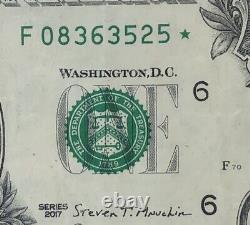 Billet d'un dollar avec un numéro de série fantaisie et une étoile, note solide F08363525 Erreur