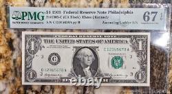 Billet de la Réserve fédérale de 1 $ de 1969 Échelle ascendante Pmg #67 Epq C12345678a